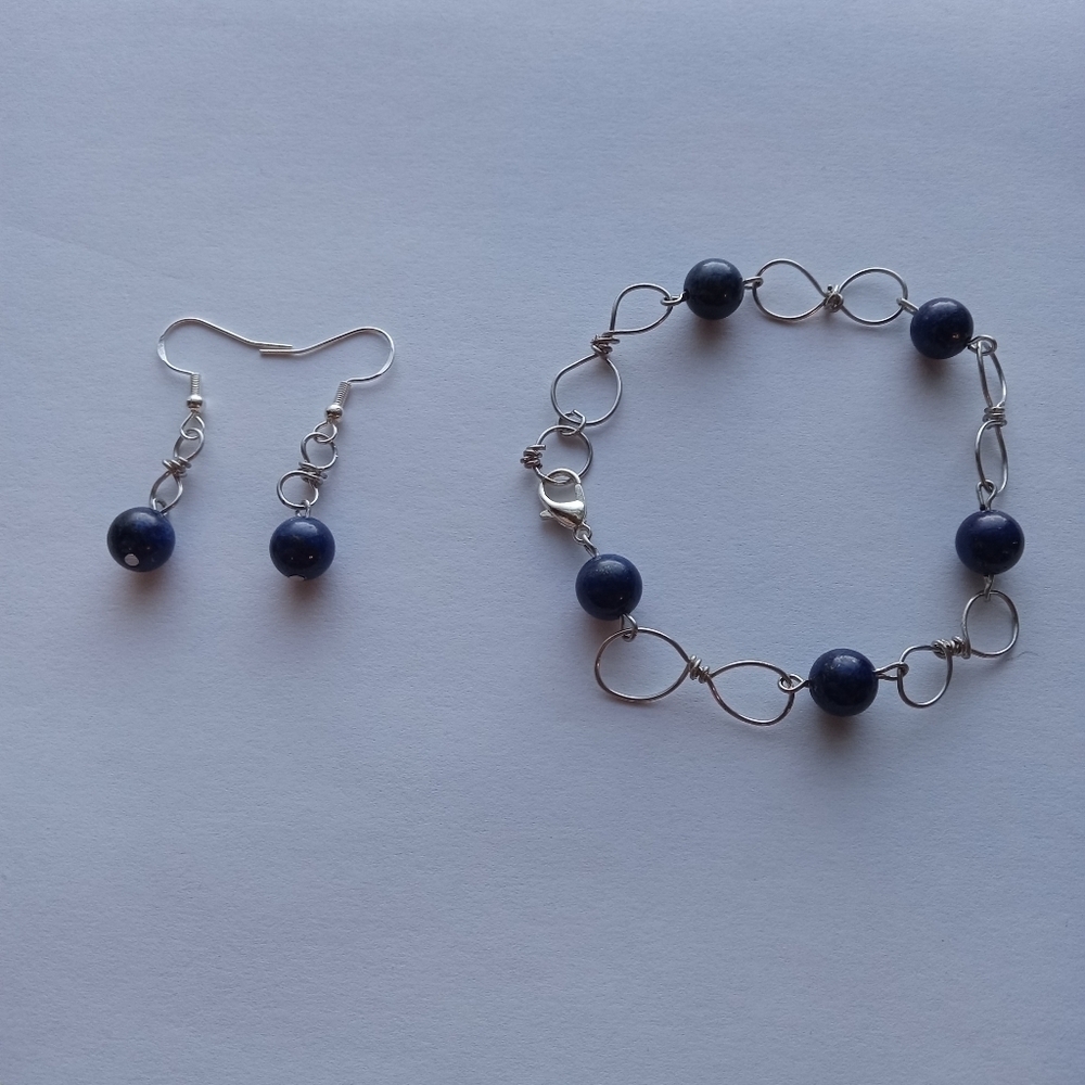 Lapis lazuli wire wrapped bracelet and earrings set